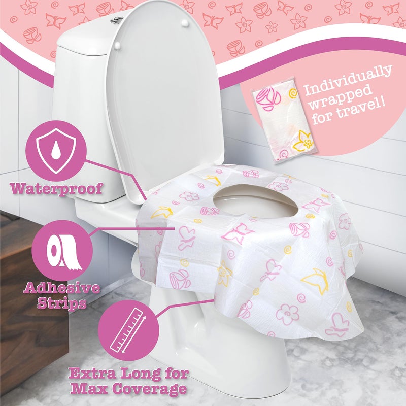 POTTY SHIELDS Disposable Toilet Seat Covers for Kids & Adults (20 Pack) Germ Protect from Public Toilets - Waterproof, Plastic Lined for No Soak Thru, XL to Cover the WHOLE Toilet -Pink/Floral - Image 3
